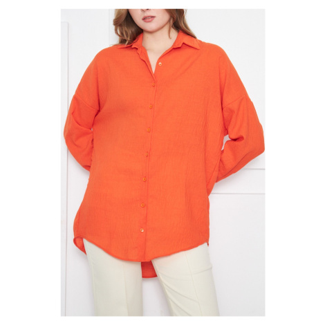 armonika Women's Orange Oversize Textured Linen Look Wide Cuff Shirt