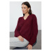 Trendyol Burgundy Openwork/Hole V Neck Knitwear Sweater