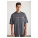 GRIMELANGE Lyle Men's Crew Neck 100% Cotton Print Detailed Anthracite T-shirt