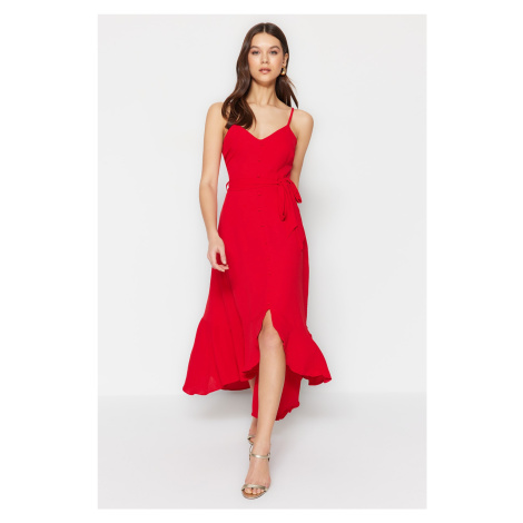 Trendyol Red Belted A-Cut Flounced Button Detailed Woven Maxi Dress