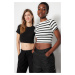 Trendyol Premium Black-Ecru Black Striped 2-Pack Viscous/Soft Fabric Crop Stretchy Knitted Blous