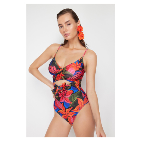 Trendyol Floral Patterned Double Breasted Tied Regular Swimsuit