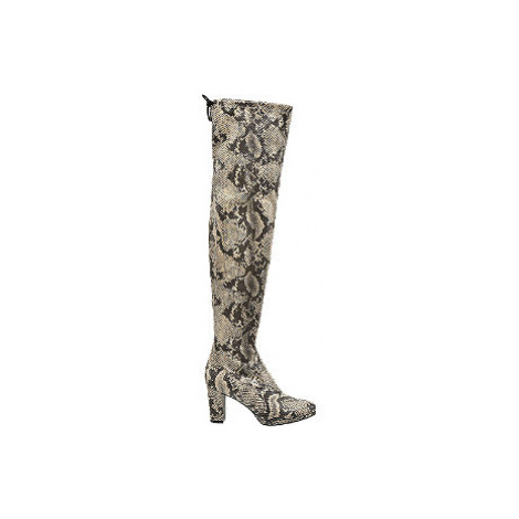 Sivobéžové čižmy nad kolená so zvieracím vzorom Rita Ora