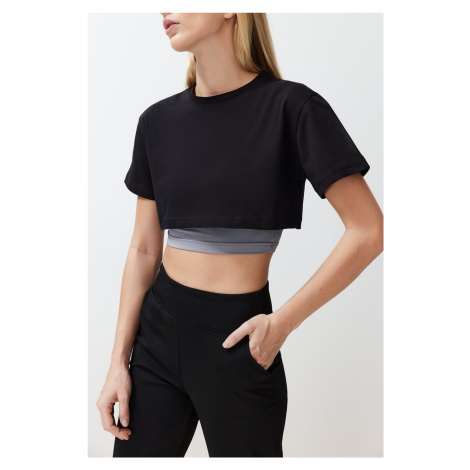 Trendyol Black Gray Melange 100% Cotton 2 Layer Reflective Printed Crop Knitted Sports T-Shirt