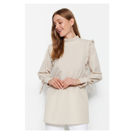 Trendyol Stone Shoulder and Cuff Frilly Woven Cotton Tunic