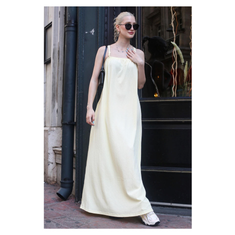 Madmext Long Loose Yellow Crepe Dress With Straps