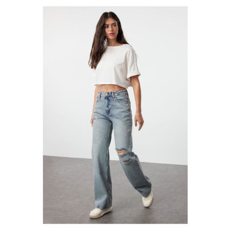 Trendyol Blue Ripped High Waist Wide Leg Jeans