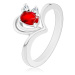Lesklý prsteň v striebornej farbe, obrys srdiečka, červeno-číre zirkóniky - Veľkosť: 62 mm