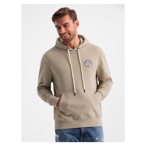 Ombre Men's kangaroo sweatshirt with hood and college style patch - sand