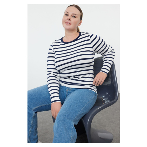 Trendyol Curve Navy Blue Striped Premium Viscose Soft Fabric Fitted Flexible Knitted Plus Size B