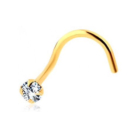 Zahnutý piercing do nosa v žltom zlate 585 - trblietavý okrúhly zirkón čírej farby