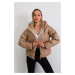 BİKELİFE Women's Beige Leather Hooded Puffer Coat