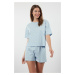 Trendyol Blue 100% Cotton Heart Patterned T-shirt-Shorts Knitted Pajama Set