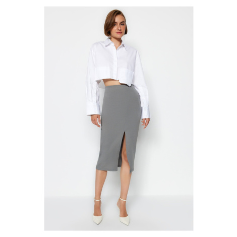 Trendyol Gray Textured Crepe Pencil Skirt with a Slit in the Front, Flexible Knitted Skirt