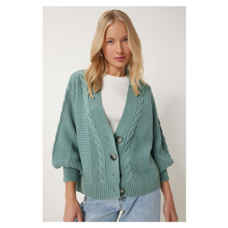 Happiness İstanbul Women's Green Braided Balloon Sleeve Loose Knitwear Cardigan