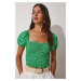 Happiness İstanbul Women's Green Floral Gathered Carmen Collar Crop Knit