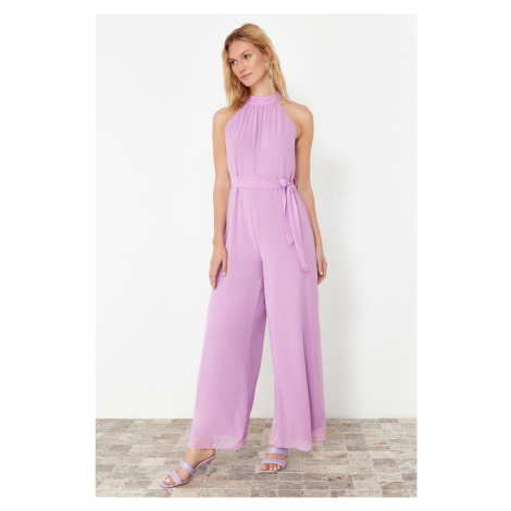 Trendyol Lilac Belted Maxi Chiffon Lined Woven Jumpsuit