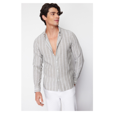 Trendyol Light Khaki Slim Fit Button-down Collar Striped Shirt