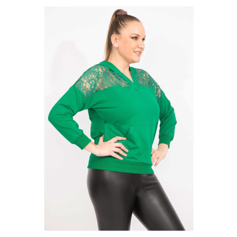 Şans Women's Plus Size Green Robe With Lace And Hood Detailed, Kangaroo Pocket Sweat Shirt