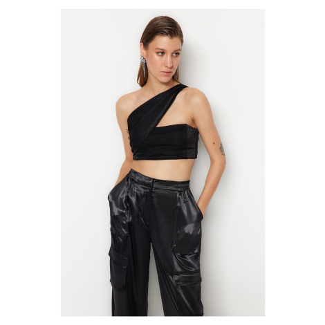 Trendyol Black Crop Shiny Knitted Bustier