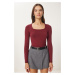 Happiness İstanbul Women's Burgundy Square Neck Viscose Knitted Blouse