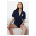 Trendyol Navy Blue Cotton Teddy Bear Embroidered Shirt-Shorts Knitted Pajama Set