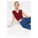 Trendyol Claret Red Drape Detailed, Double Breasted Collar Crop, Stretchy Knitted Blouse