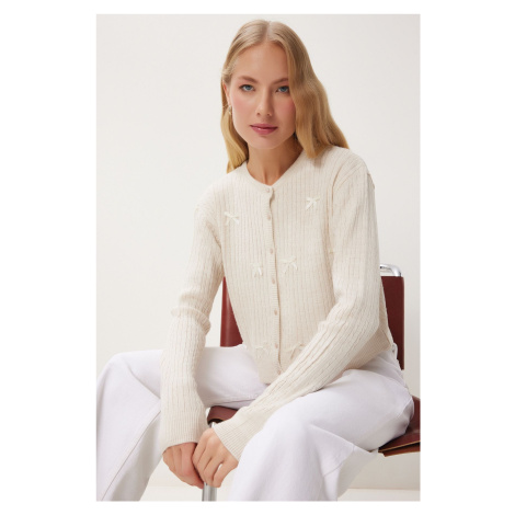 Happiness İstanbul Women's Cream Bow Knitted Sweater Cardigan