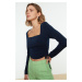 Trendyol Navy Square Neck Gathered Detail Fitted/Sleeping Crop Elastic Knitted Blouse