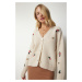 Happiness İstanbul Women's Cream Floral Embroidered Buttoned Knitwear Cardigan