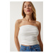 Happiness İstanbul Women's White Gathered Strapless Collar Knitted Blouse