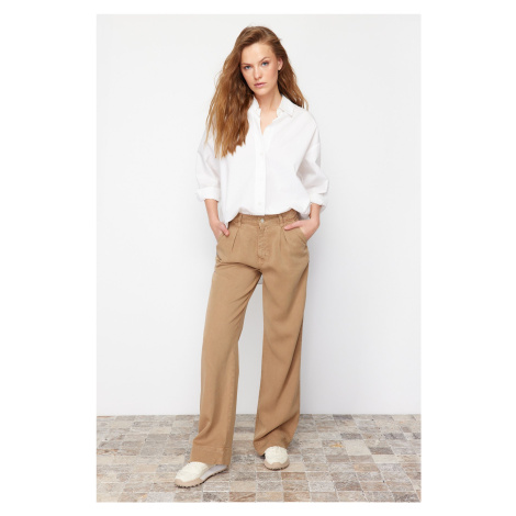 Trendyol Camel 100% Tencel™ Pleated Brown High Waist Wide Leg Jeans