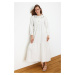 Trendyol Ecru Collar Embroidered Half Patch Linen Look Woven Dress