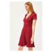 Olalook Women's Burgundy Double Breasted Collar Short Sleeve Mini Flared Dress