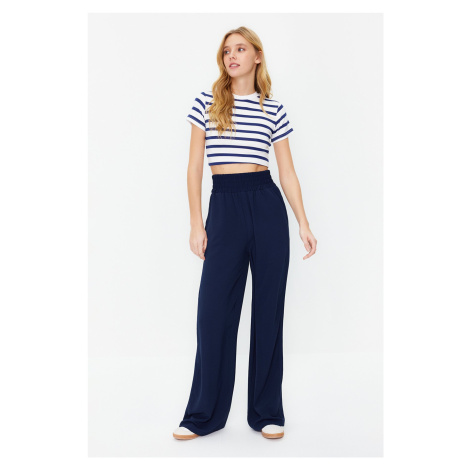 Trendyol Navy Blue Wide Leg Trousers with Elastic Waist