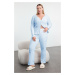 Trendyol Curve Baby Blue Brushed Soft Ribbed Cardigan Knitted Pajama Set