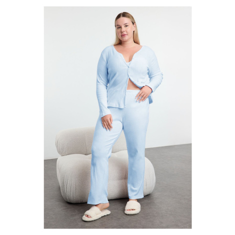 Trendyol Curve Baby Blue Brushed Soft Ribbed Cardigan Knitted Pajama Set