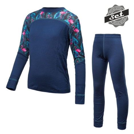 SENSOR MERINO IMPRESS SET detský tričko dl.rukáv + spodky deep blue/floral