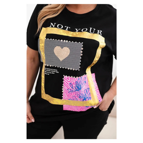 Dámska bavlnená blúzka nadrozmernej veľkosti so zlatým nápisom Black + Yellow UNI