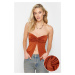 Trendyol Premium Cinnamon Sweetheart Neckline Gathered Crop Knitted Blouse