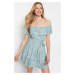 Trendyol Mint Floral Printed Carmen Collar Flounce and Ruffle Detailed Mini Knitted Dress