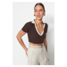 Trendyol Brown Fitted Polo Neck Crop Corduroy Stretch Knitted Blouse