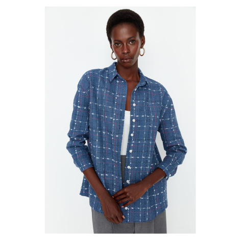 Trendyol Modrá Tkaná Základná Kockovaná Tweedová Košeľa