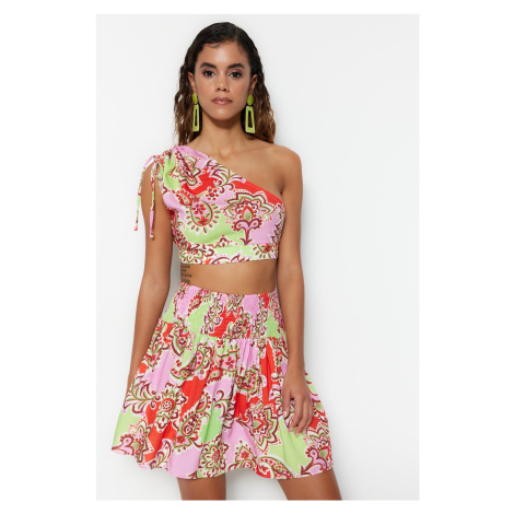 Trendyol Paisley Patterned Woven Pleated One-Shoulder Blouse and Skirt Set