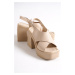 Capone Outfitters Capone Women's Chunky Toe Crossover Wide Strap Platform Heels Beige Women's Sa