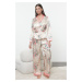 Trendyol Salmon-Multicolored Belted Floral Satin Woven Pajama Set