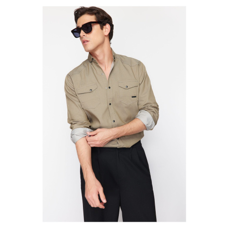 Trendyol Khaki Regular Fit Denim Jeans Shirt with Snap Fasteners