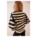 Happiness İstanbul Women's Black Cream Polo Neck Striped Knitwear Sweater