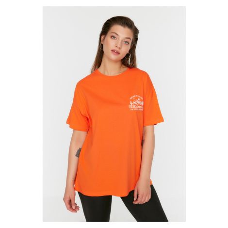 Trendyol Curve Orange Printed 100% Cotton Knitted T-Shirt