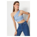 Trendyol modrý pletený trblietavý crop top bustier